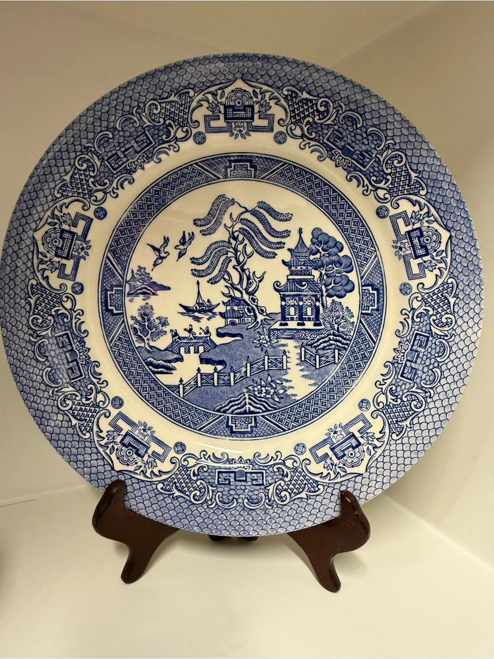 Three Vintage Blue and White Dinner Plate Blue Willow Pattern by England 10in
